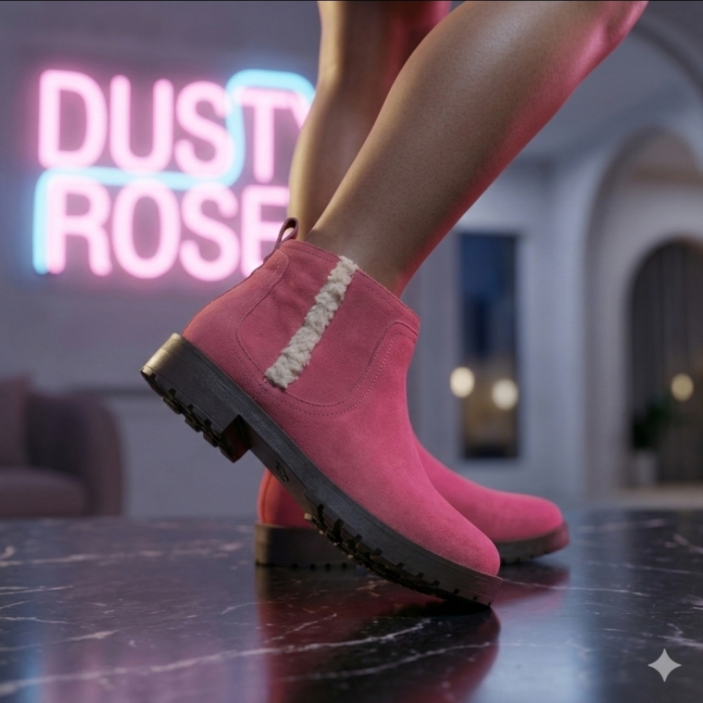 💎 Vionic Suede Ankle Boots with Shearling Accent - Pink
